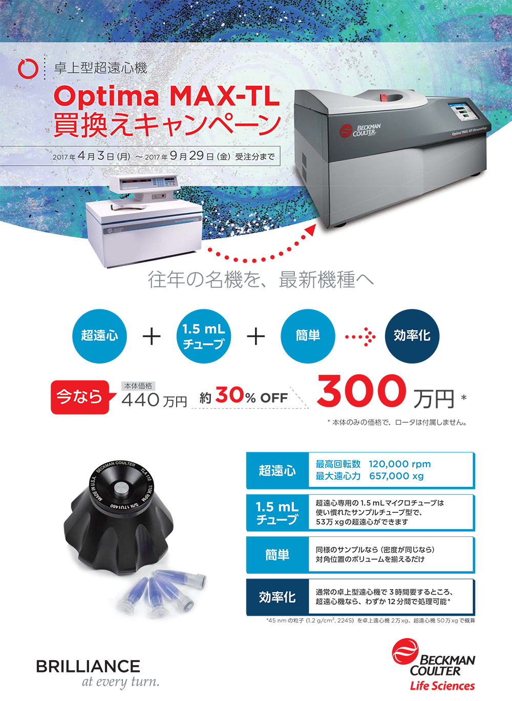 卓上型超遠心機 Optima MAX-TL 買換えキャンペーン 本体価格30%OFF